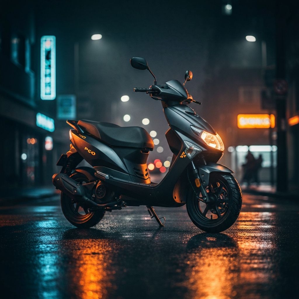 PGO Hot 50 scooter in dramatic urban night setting